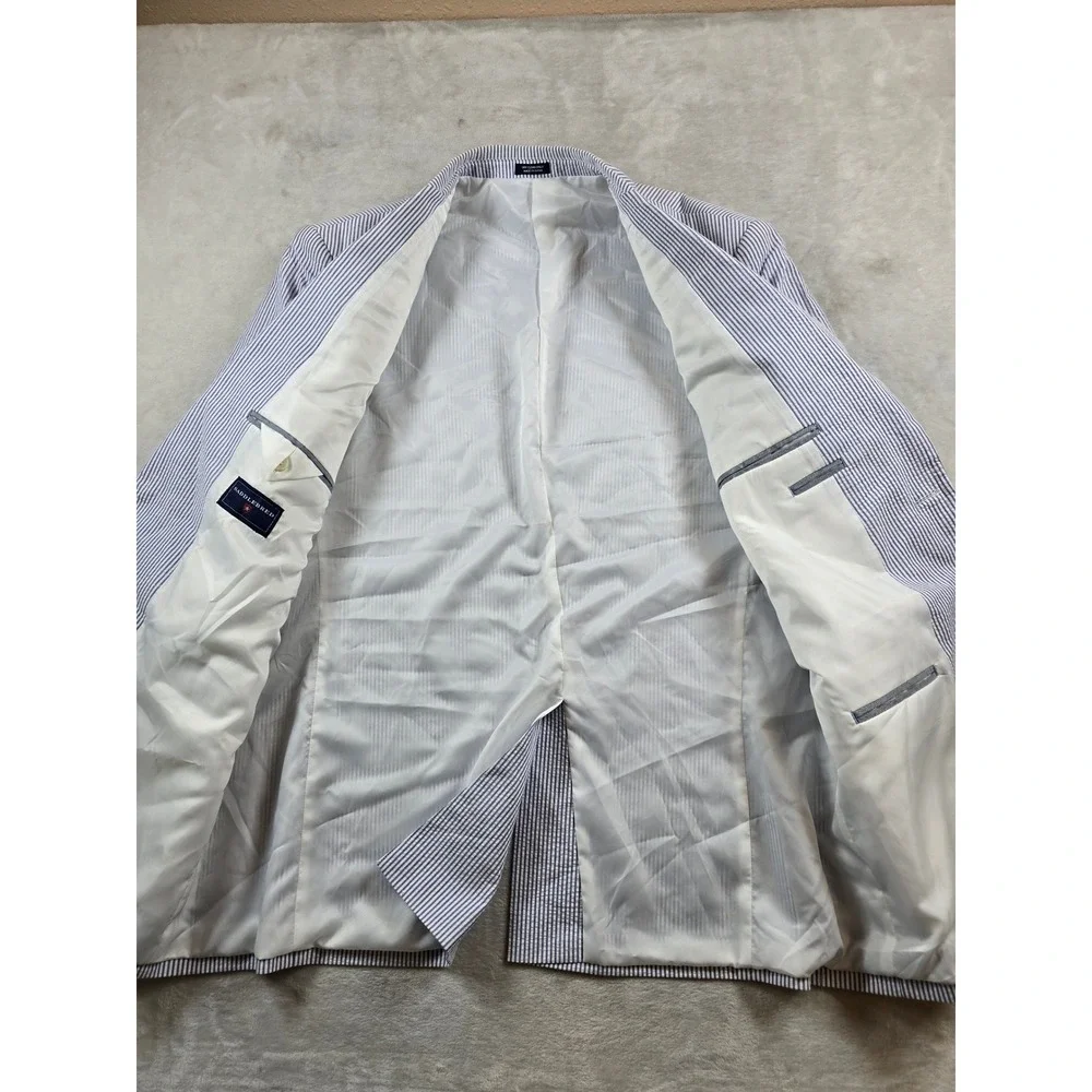Saddlebred Seersucker Blazer Men 44R Blue White Striped Cotton Sport Coat Jacket